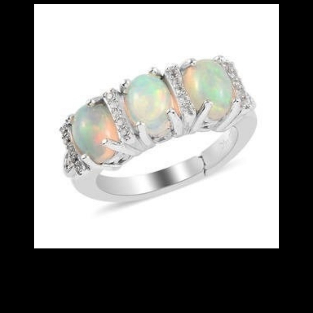 Genuine Welo Opals and Diamond Ring in Platinum over Sterling Silver Sz 6!